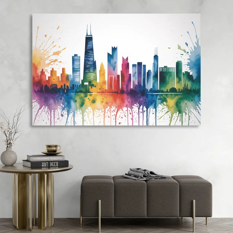 Chicago Watercolor Skyline Splash Living Room - Canvas Wall Art