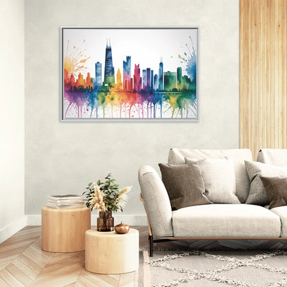Chicago Watercolor Skyline Splash - Living Room White Frame Canvas