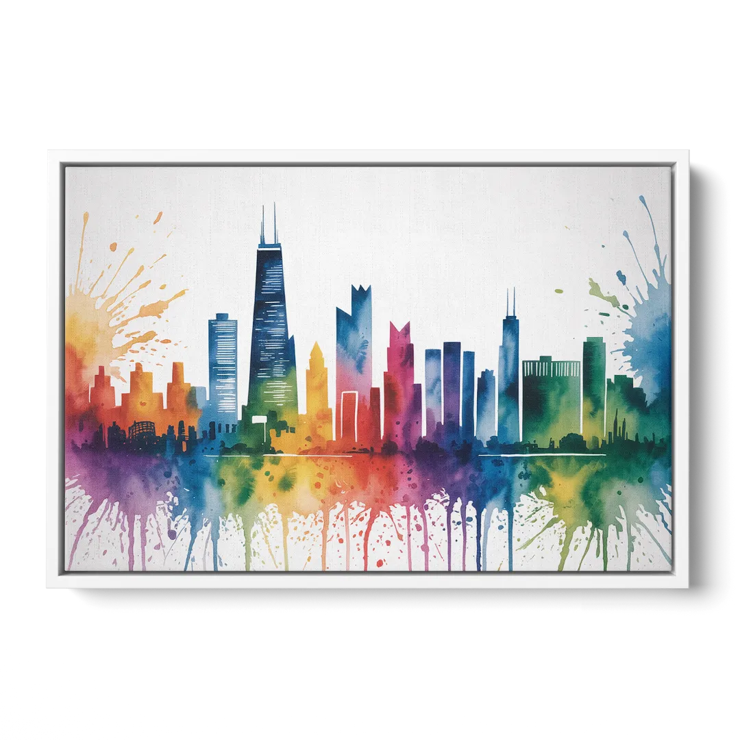 Chicago Watercolor Skyline Splash Front - White Canvas Wall Art