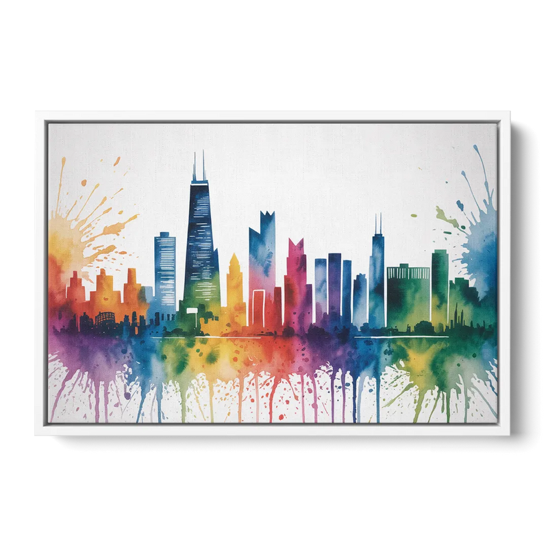 Chicago Watercolor Skyline Splash Front - White Canvas Wall Art