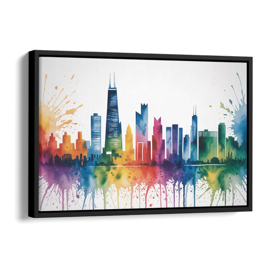 Chicago Watercolor Skyline Splash Side - Black Canvas Wall Art