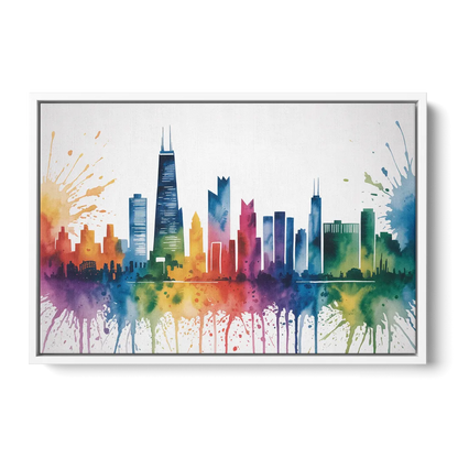 Chicago Watercolor Skyline Splash - White Frame Canvas