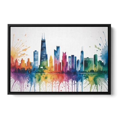 Chicago Watercolor Skyline Splash - Black Frame Canvas