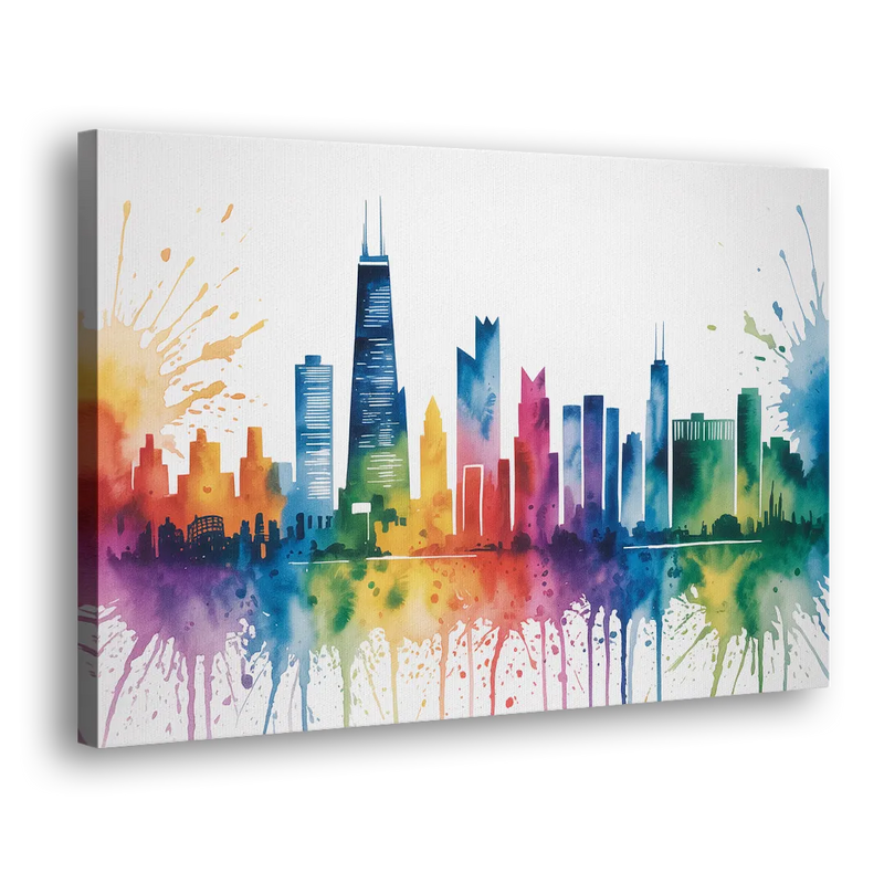 Chicago Watercolor Skyline Splash - Canvas Print Art Sides