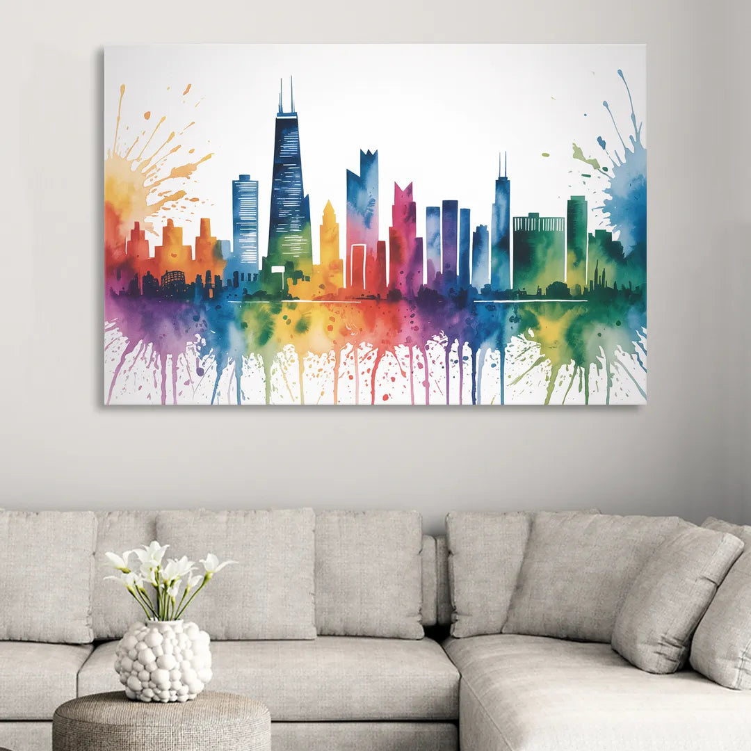 Chicago Watercolor Skyline Splash Sitting Room - Canvas Wall Art