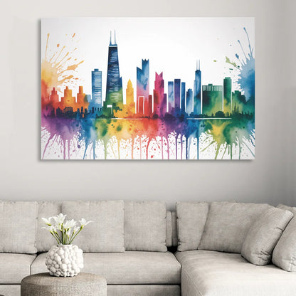 Chicago Watercolor Skyline Splash Sitting Room - Canvas Wall Art
