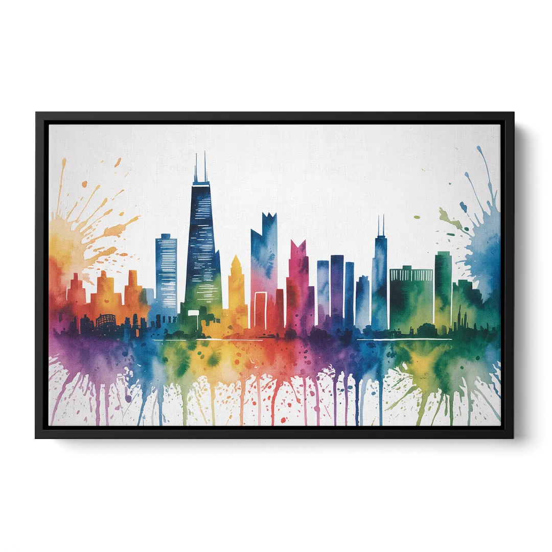 Chicago Watercolor Skyline Splash Front - Black Canvas Wall Art