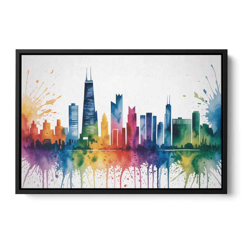 Chicago Watercolor Skyline Splash Front - Black Canvas Wall Art