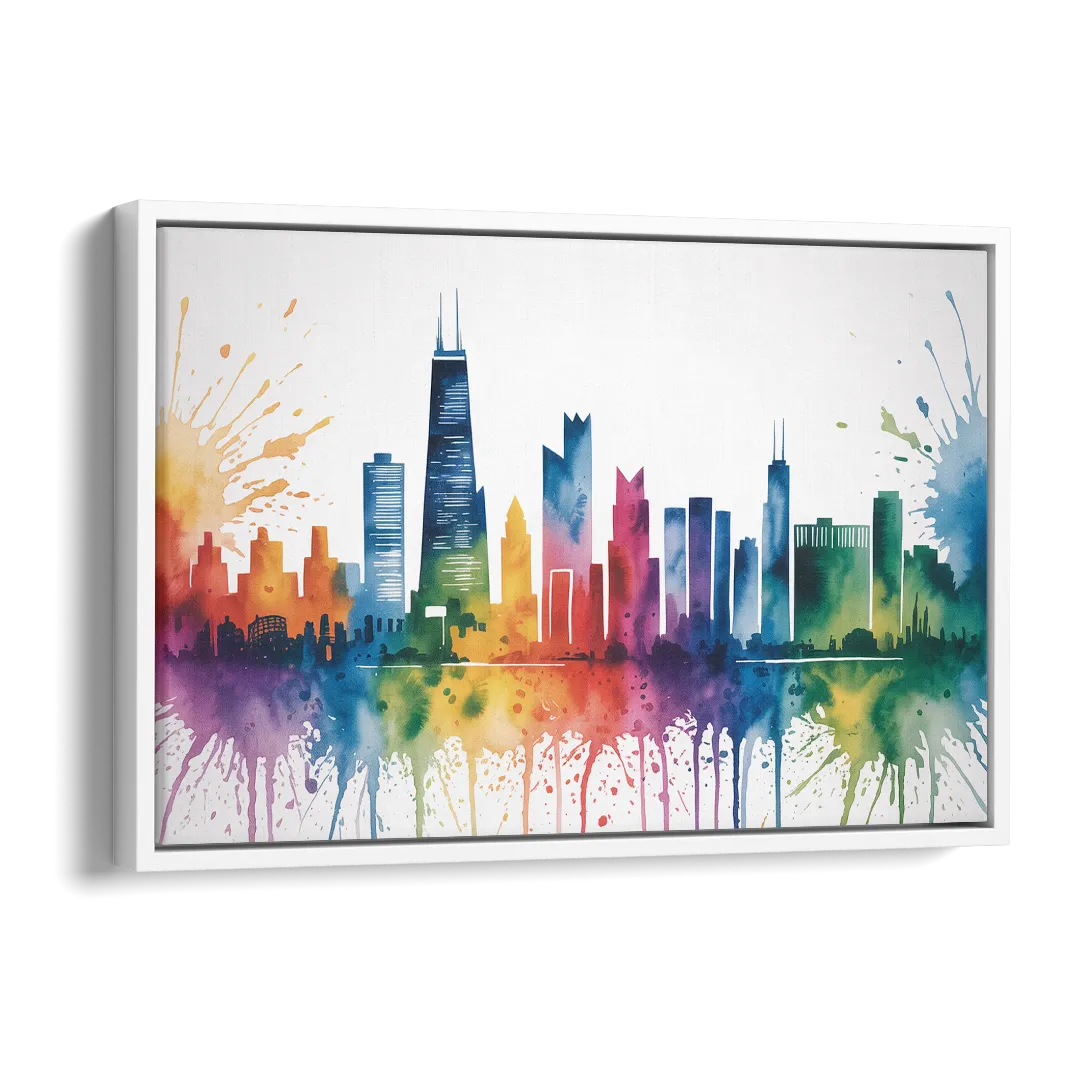 Chicago Watercolor Skyline Splash Side - White Canvas Wall Art