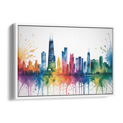 Chicago Watercolor Skyline Splash Side - White Canvas Wall Art