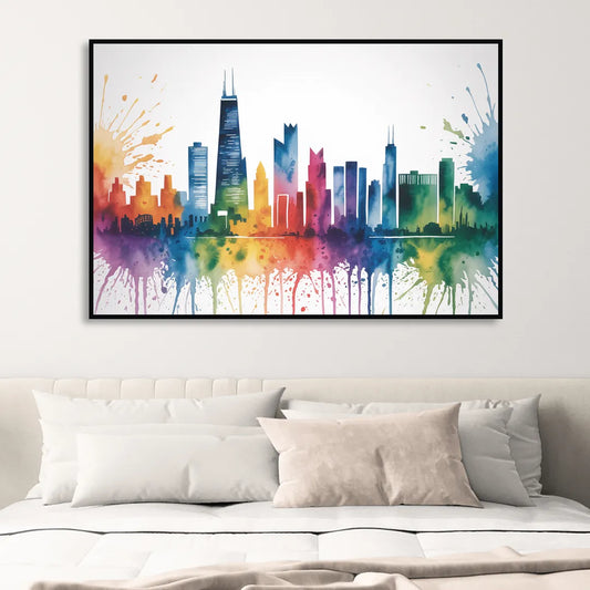 Chicago Watercolor Skyline Splash Living Room - Black Canvas Wall Art