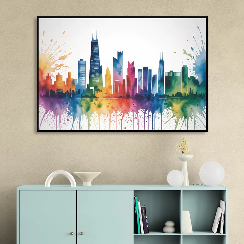 Chicago Watercolor Skyline Splash Sitting Room - Black Canvas Wall Art