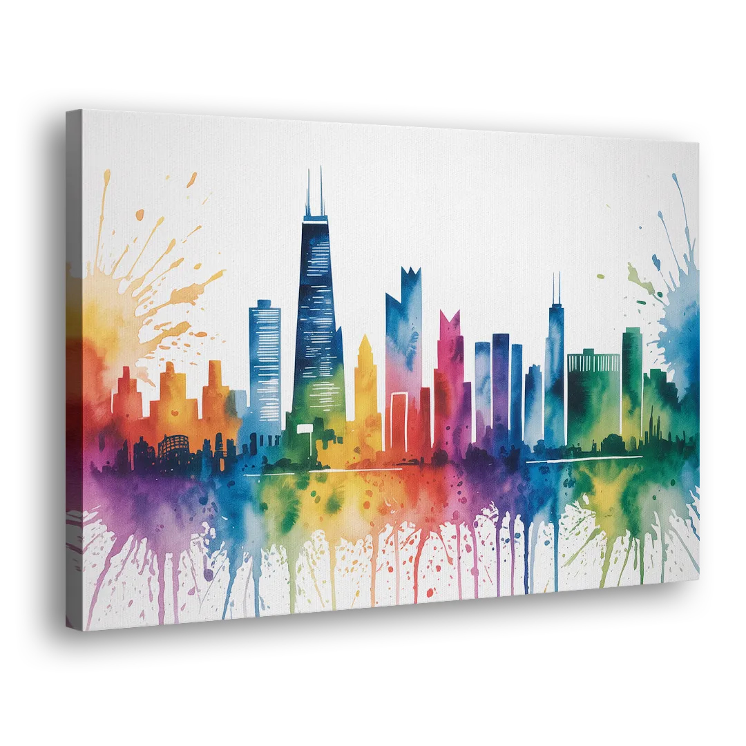 Chicago Watercolor Skyline Splash Side - Canvas Wall Art