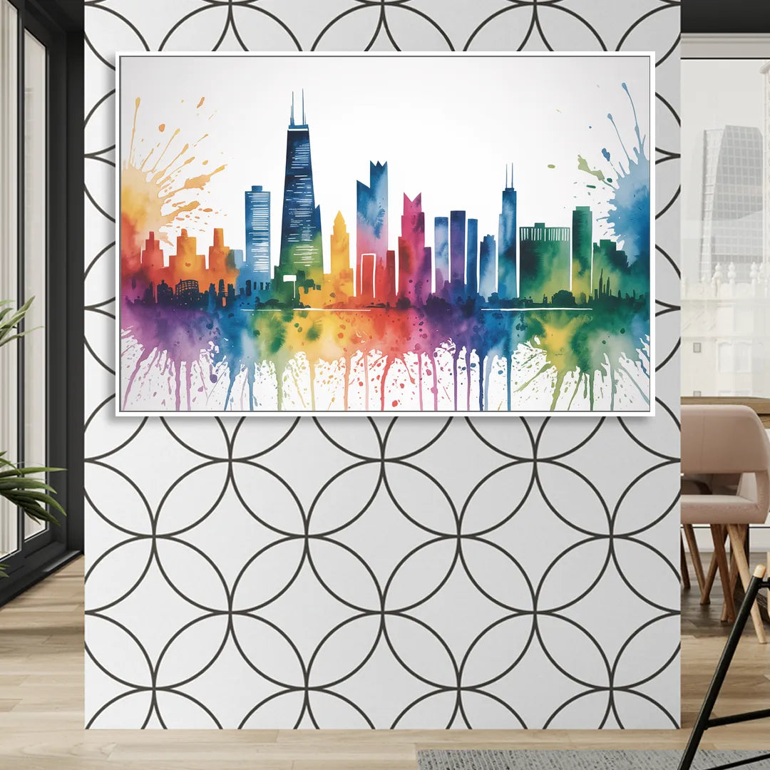 Chicago Watercolor Skyline Splash Sitting Room - White Canvas Wall Art