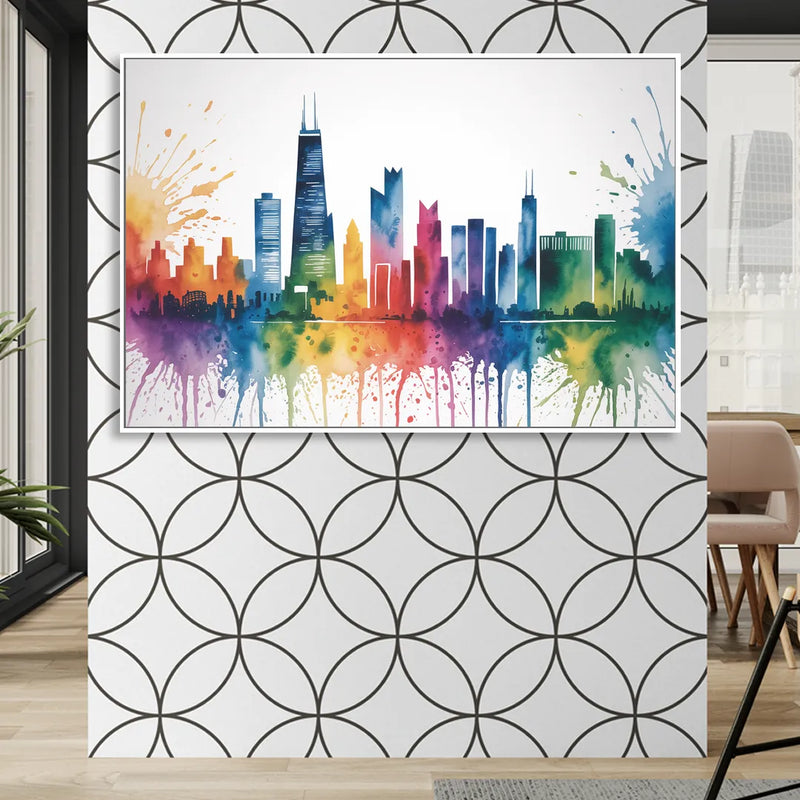 Chicago Watercolor Skyline Splash Sitting Room - White Canvas Wall Art