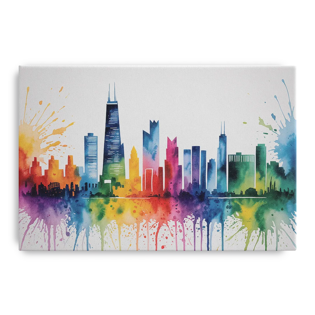 Chicago Watercolor Skyline Splash Front - Canvas Wall Art