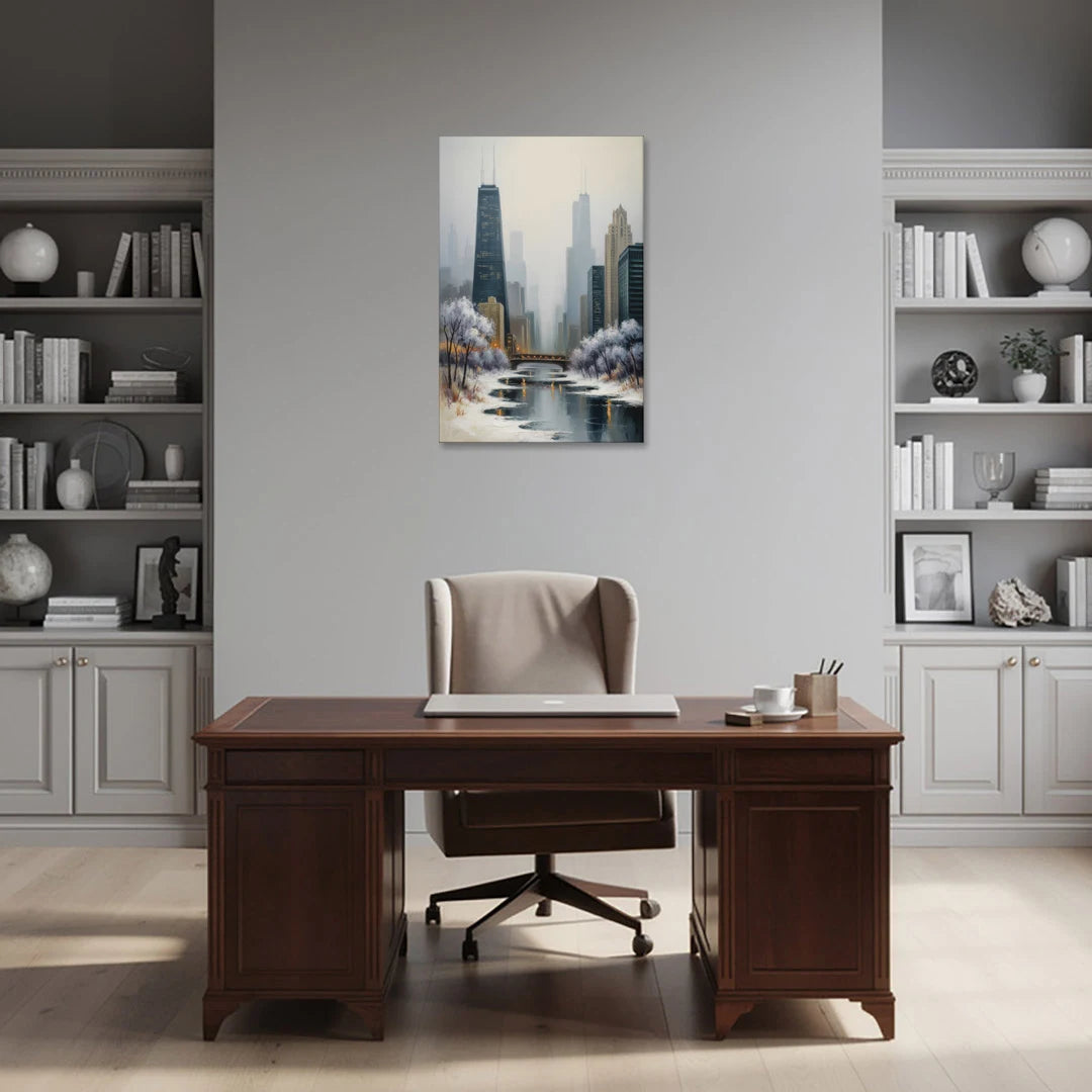 Chicago Winter Fog Over the City - Canvas Wall Art - Office - 24x36