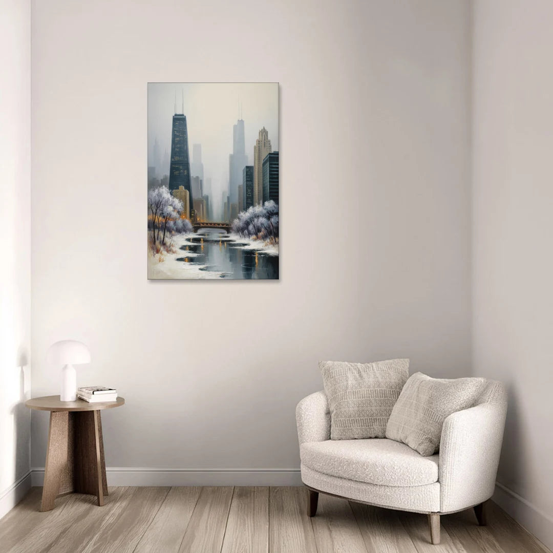 Chicago Winter Fog Over the City - Canvas Wall Art - Sofa - 24x36