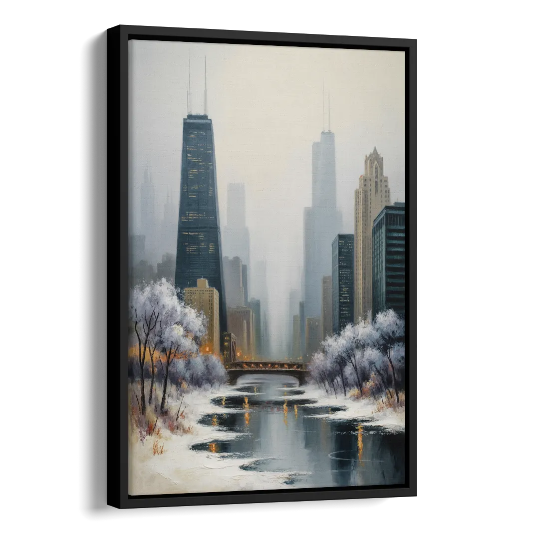 Chicago Winter Fog Over the City Side - Black Canvas Wall Art