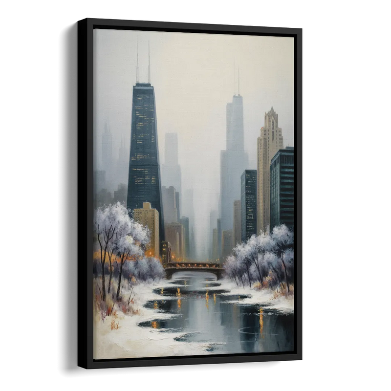 Chicago Winter Fog Over the City Side - Black Canvas Wall Art