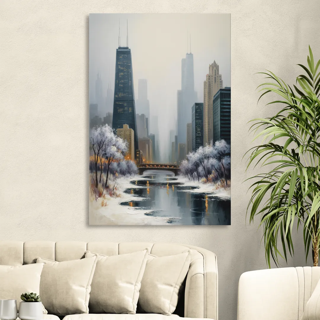 Chicago Winter Fog Over the City Sitting Room - Canvas Wall Art