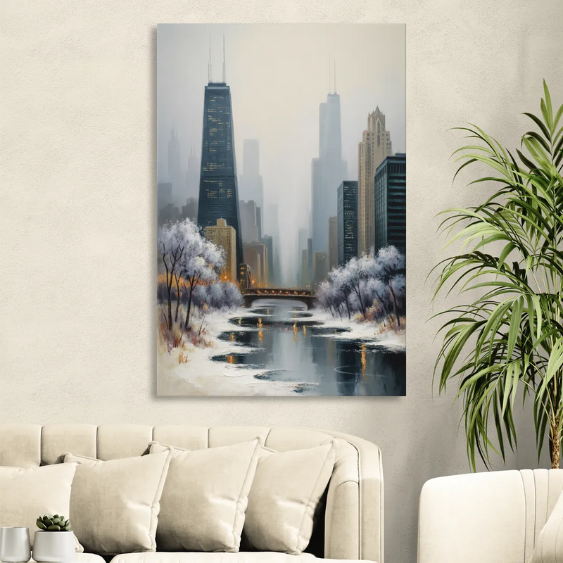 Chicago Winter Fog Over the City Sitting Room - Canvas Wall Art