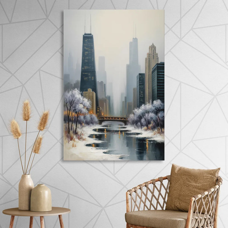 Chicago Winter Fog Over the City Living Room - Canvas Wall Art