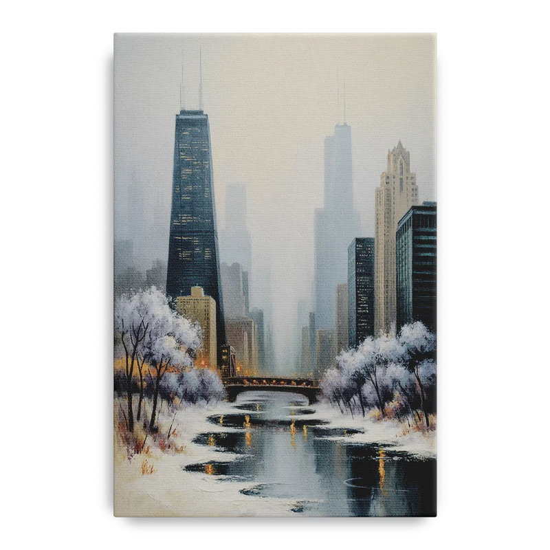 Chicago Winter Fog Over the City Front - Canvas Wall Art