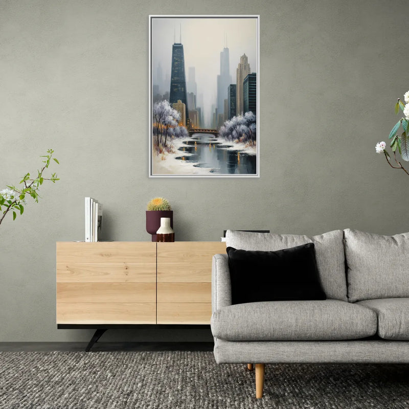 Chicago Winter Fog Over the City - Living Room White Frame Canvas