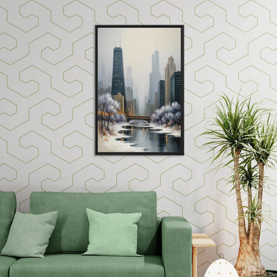 Chicago Winter Fog Over the City - Living Room Black Frame Canvas