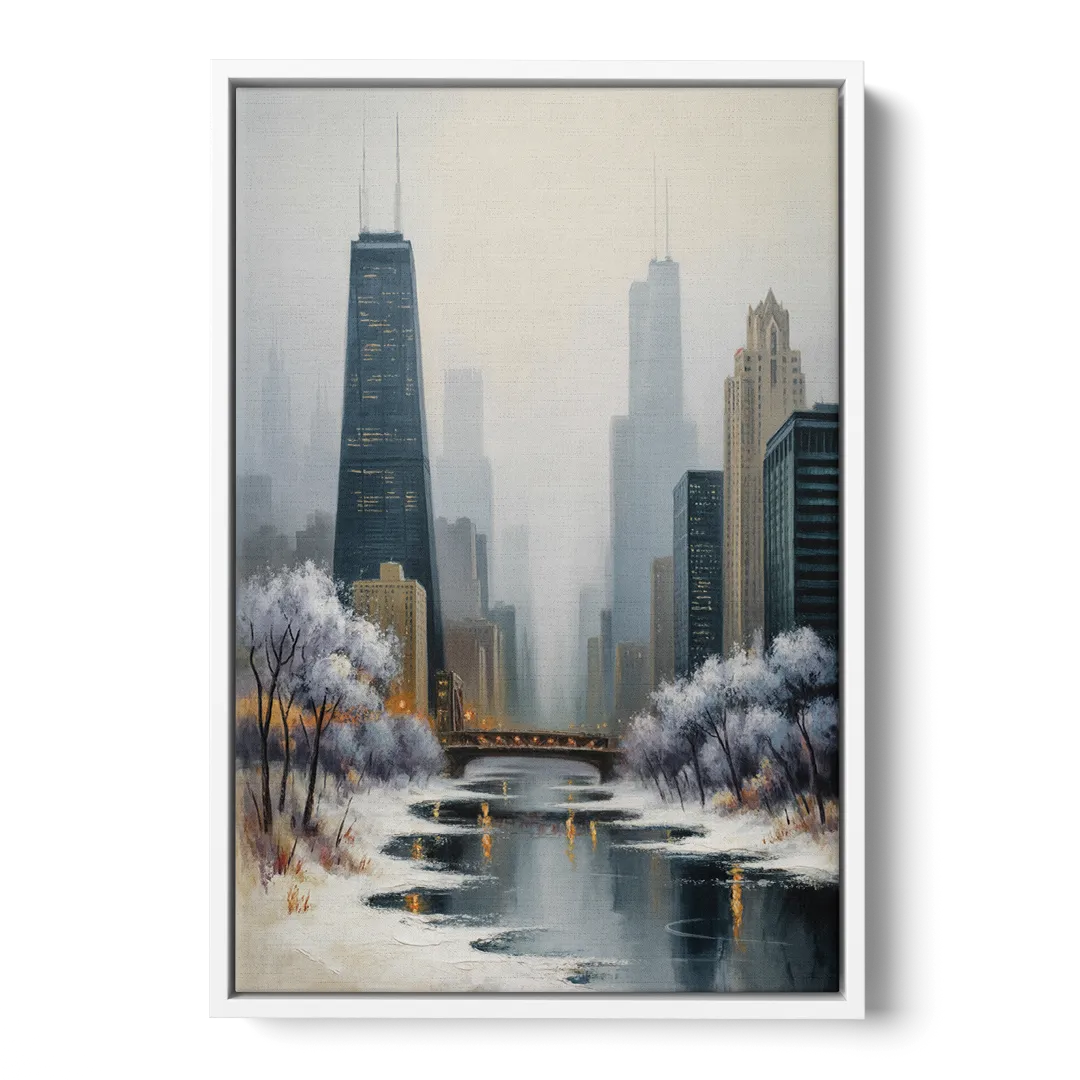 Chicago Winter Fog Over the City - White Frame Canvas