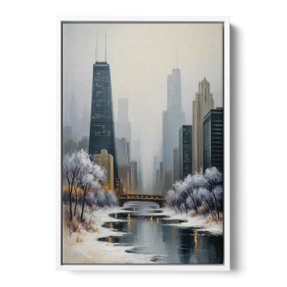 Chicago Winter Fog Over the City - White Frame Canvas
