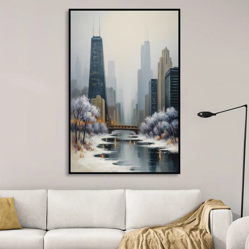 Chicago Winter Fog Over the City Living Room - Black Canvas Wall Art