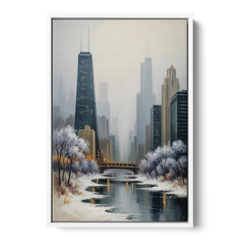 Chicago Winter Fog Over the City Front - White Canvas Wall Art
