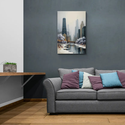 Chicago Winter Fog Over the City - Canvas Wall Art Living Room