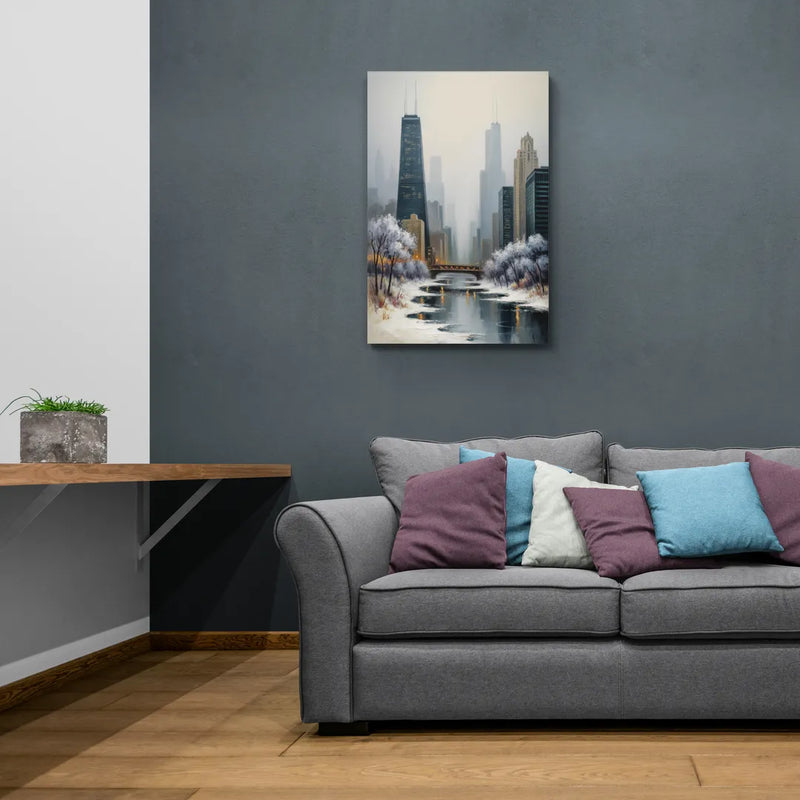 Chicago Winter Fog Over the City - Canvas Wall Art Living Room