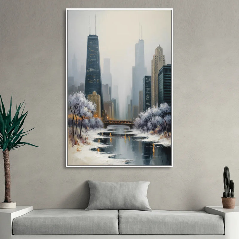 Chicago Winter Fog Over the City Living Room - White Canvas Wall Art