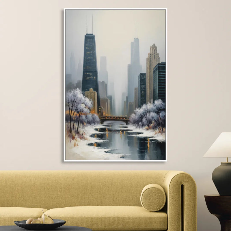 Chicago Winter Fog Over the City Sitting Room - White Canvas Wall Art