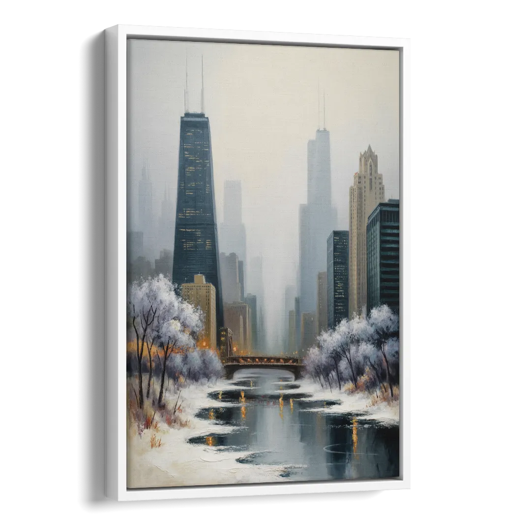 Chicago Winter Fog Over the City Side - White Canvas Wall Art
