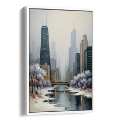Chicago Winter Fog Over the City Side - White Canvas Wall Art