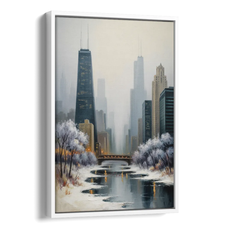 Chicago Winter Fog Over the City Side - White Canvas Wall Art