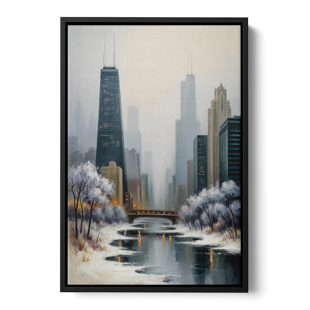 Chicago Winter Fog Over the City Front - Black Canvas Wall Art