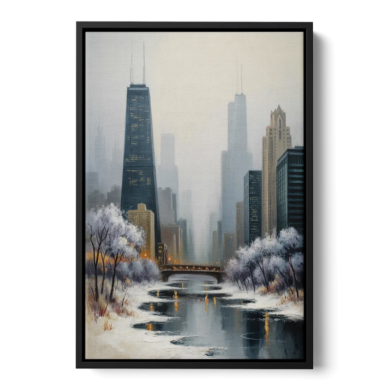 Chicago Winter Fog Over the City Front - Black Canvas Wall Art
