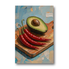 Chili Pepper Wall Art with Avocado on a Cutting Board - Canvas Wall Art - Front
