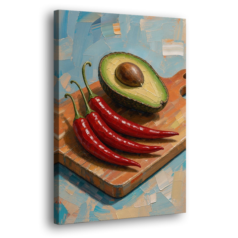 Chili Pepper Wall Art with Avocado on a Cutting Board - Canvas Wall Art - Side