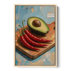 Chili Pepper Wall Art with Avocado on a Cutting Board - Oak Framed Canvas Wall Art - Front