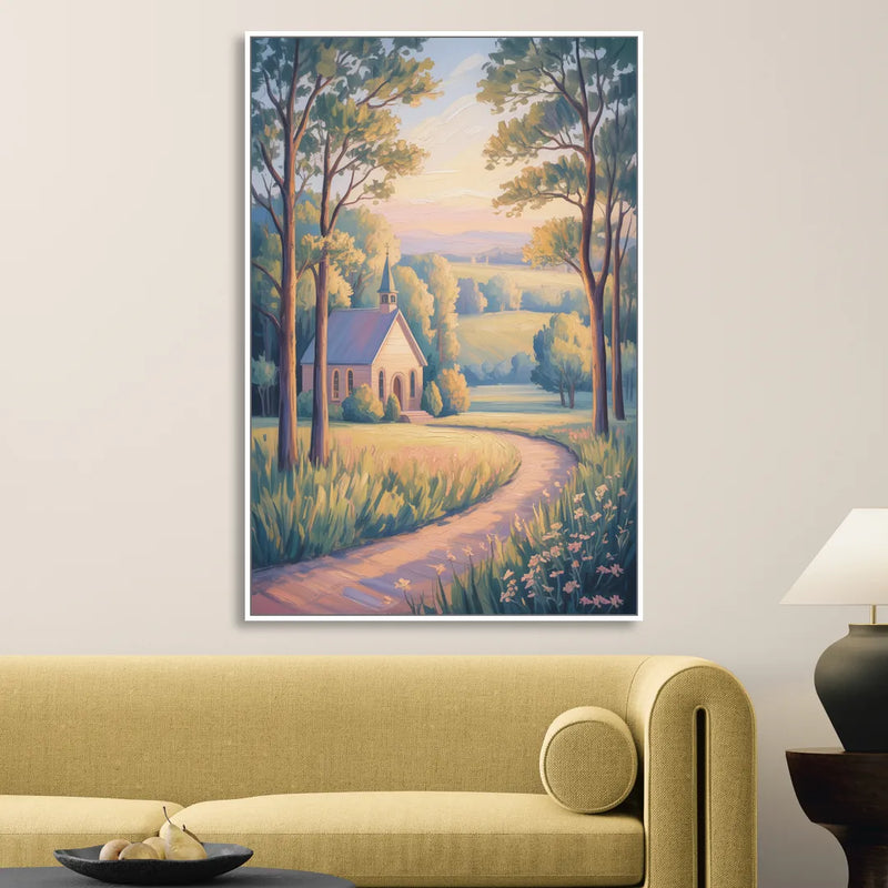Christian Countryside Chapel Sitting Room - White Canvas Wall Art