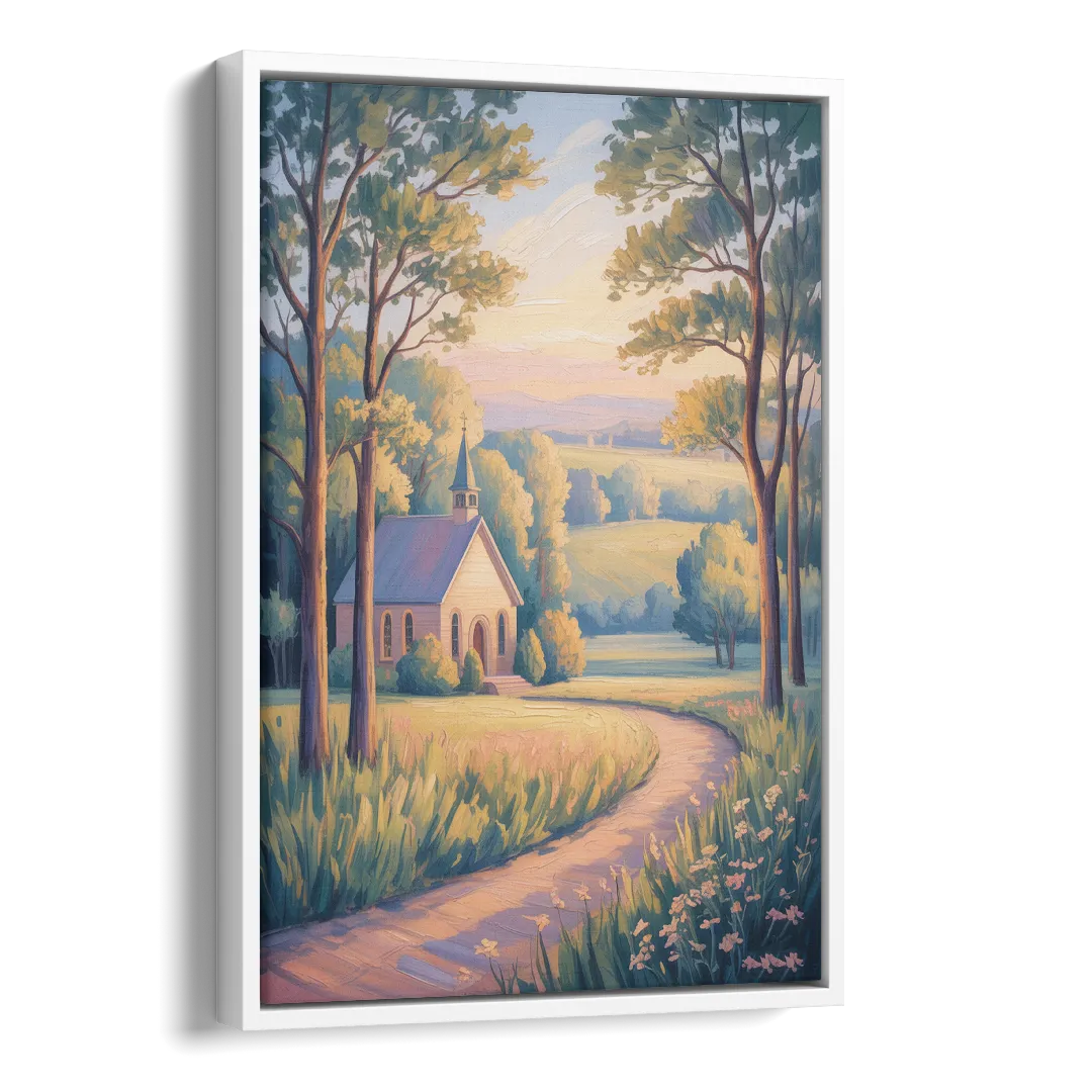 Christian Countryside Chapel Side - White Canvas Wall Art