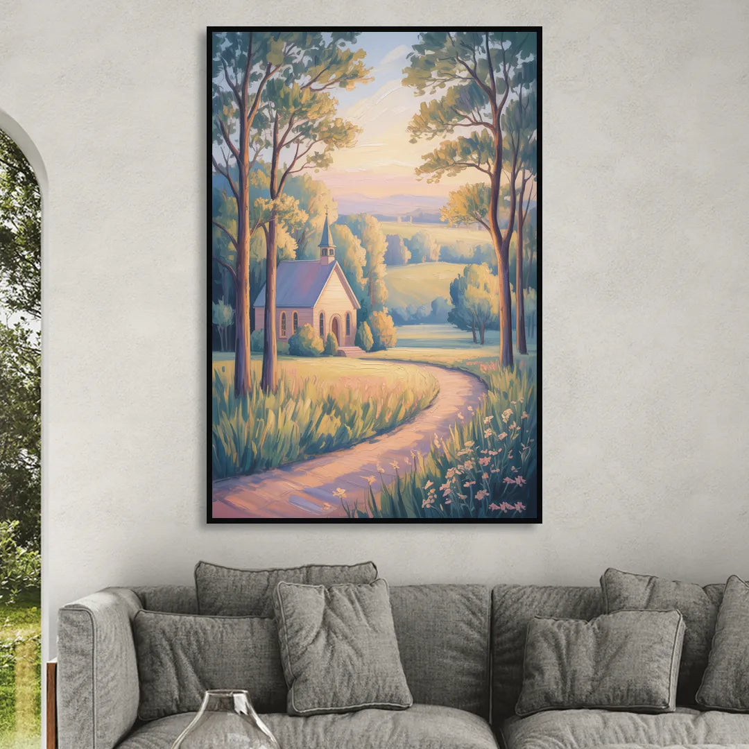 Christian Countryside Chapel Sitting Room - Black Canvas Wall Art