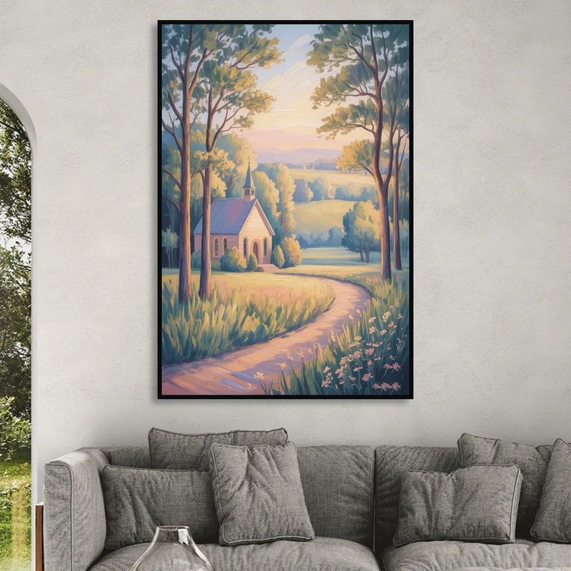 Christian Countryside Chapel Sitting Room - Black Canvas Wall Art
